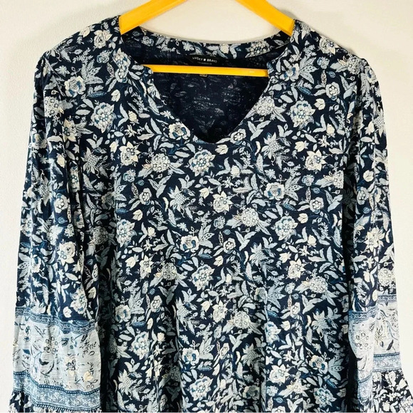 Lucky Brand Blue Floral Bohemian Bell Sleeve Modal Blend V-Neck Blouse Top - Picture 2 of 6